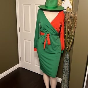 Colorblock Green and Orange Wrap-Style Midi Dress